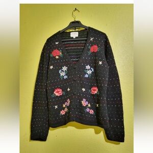 Vintage Susan Bristol Black Floral Cardigan Hand Embroidered